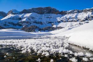 Schneestippchen auf Schwarzeis im Bach auf der Spittelmatte
