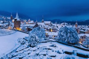 old town of Zug with snow-covered rooftops