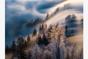 Nebliger Sonnenaufgang im Winter