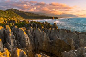 Pancake rocks at sunset