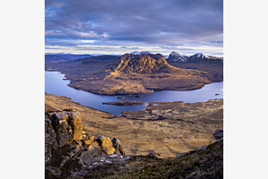 Letztes Seitenlicht, Sicht vom Stac Pollaidh aus, Assynt, Schottland