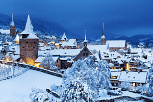 Snow-covered rooftops in Zug