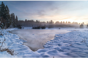 Winterabend am See im sanften Nebel