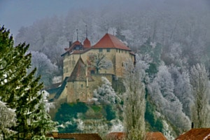 Schloss Laupen im winterlichen Nebelkleid