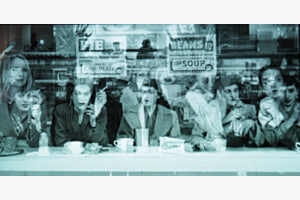 Fotograf Robert Frank 1948 nachgestellt, überblendet 2024